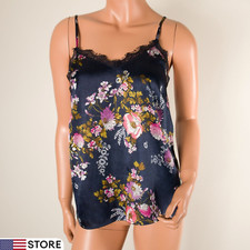 JAPNA Tank Top Cami Dark Blue Floral Silky Satin Adjustable Strap Lace Trim S