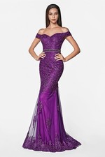 Off the shoulder beaded lace sweetheart fitted gown with embellished belt