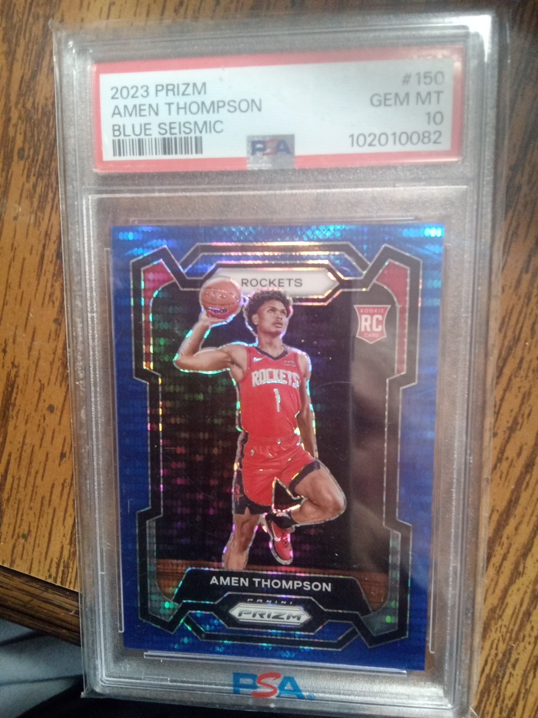 2023-24 Panini Prizm Amen Thompson #150 RC Rookie Blue Seismic /99 PSA 10
