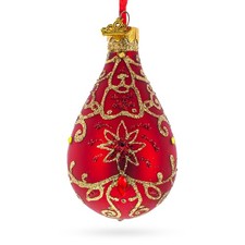 Golden Flowers on Red Waterdrop Finial Glass Ornament