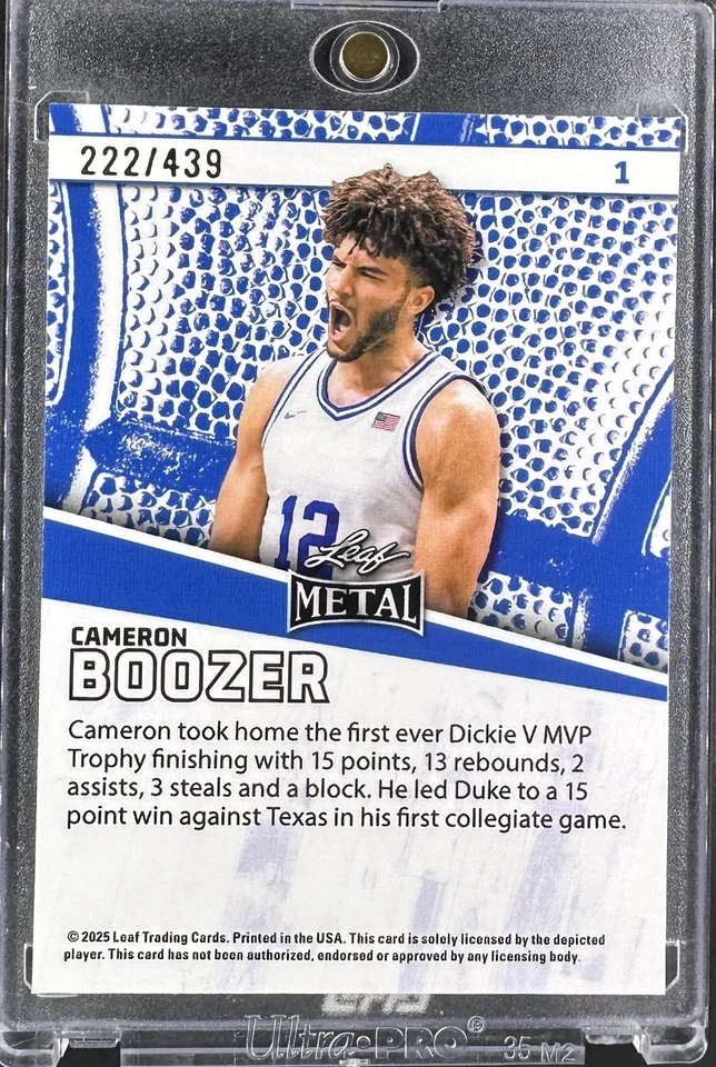 /439 Cameron Boozer Holo 2025 Hoja Metal Continuo #1 Juego de Cartas de Baloncesto 1 Foto 2 de 2