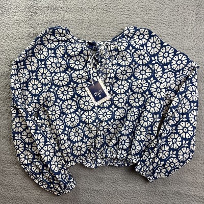 Roller Rabbit Blouse Womens Small Blue Floral Long Sleeve Peasant Top NWT