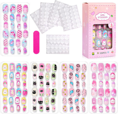 120 Stück Kinder Stick on Nails Kinder Falsche Nägel für Mädchen Niedlich Rosa Falsche Nägel Für