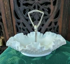 Vintage Fenton White Hobnail Milk Glass Candy Trinket Dish Handle Cottage Core