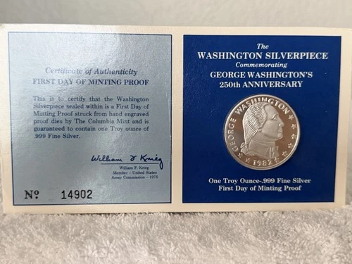 1982 George Washington 250th Anniversary Silverpiece .999 Silver 1oz Proof
