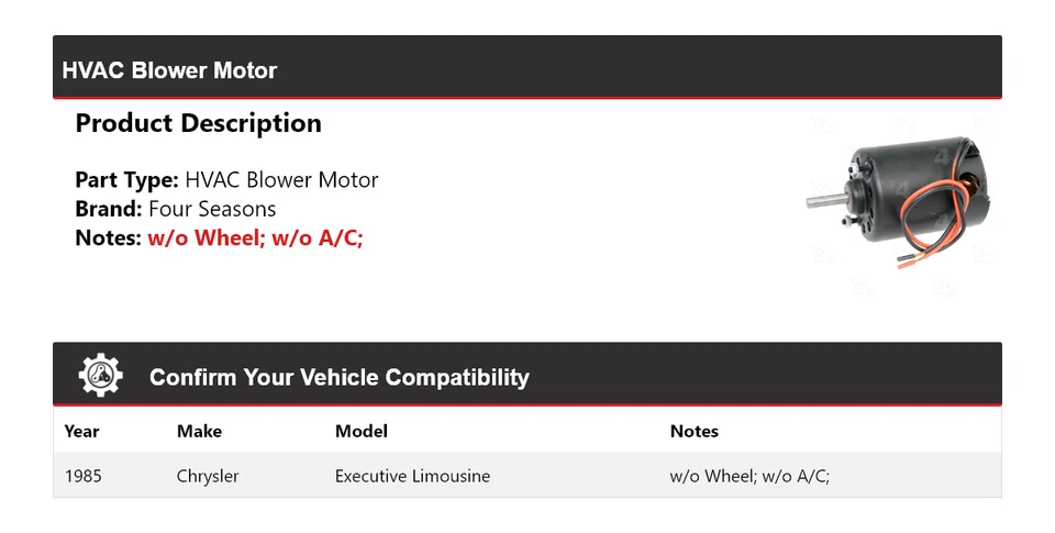 For 1985 Chrysler Executive Limousine HVAC Blower Motor 4 Seasons - Image 2 of 4