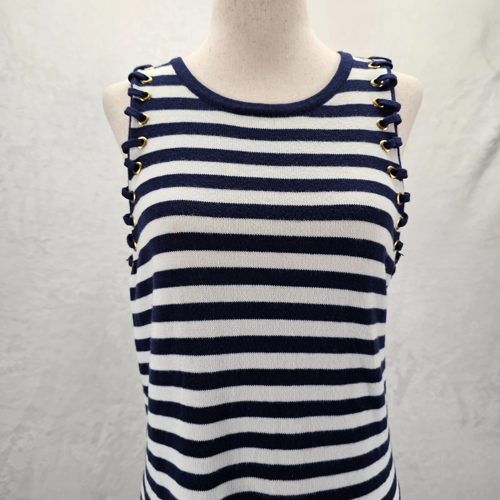 Abito tubino donna Michael Kors blu navy e bianco a righe pizzo senza maniche piccolo