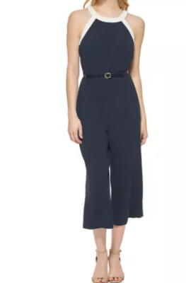 Tommy Hilfiger Women's Sleeveless Cropped Color Block Jumpsuit sz 12 Navy