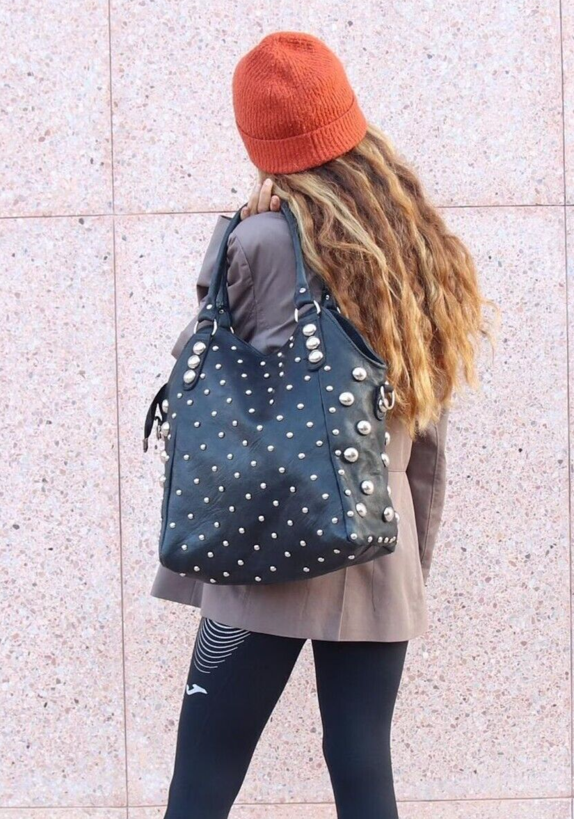 Studded polka dot leather tote bag for women