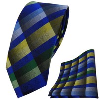 Schmale Tigertie Krawatte + Einstecktuch Blau GrüN Grau Gelb Kariert