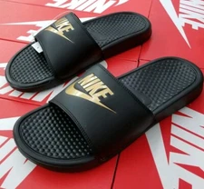 NIKE BENASSI JDI SLIDE SANDALS MENS BLACK / METALLIC GOLD 343880 016