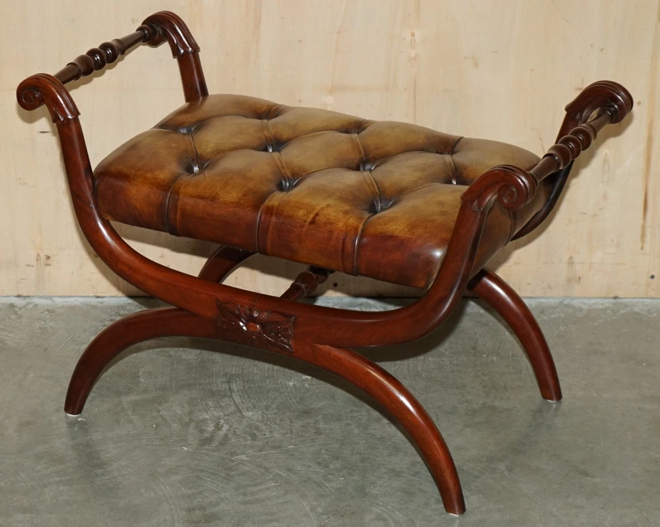 PAIR OF ANTIQUE BROWN LEATHER CHESTERFIELD TUFTED REGENCY FRAMED FOOTSTOOLS - Image 2 of 4