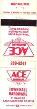 Ace Hardware, Town Hall Hardware, East Hartford, CT Vintage Matchbook Cover