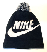 Youth Nike Black White Foldover Beanie with Pom Pom