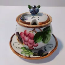 SVintage Ceramic Sugar Bowl with Lid & Attached Plate Grapes & Leaves Design 299