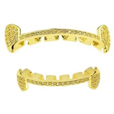 14k Gold Plated Iced CZ Fang Grillz Set Slim Bar Hip Hop Vampire Teeth Fangs