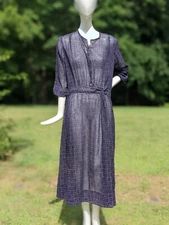 EDWARDIAN TEENS DEEP INDIGO MUSLIN WORK DRESS W POLKA DOT PRINT