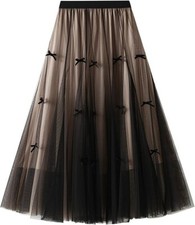Dirholl Women's A-Line Fairy Elastic Waist Tulle Midi Skirt Bowknot Khaki