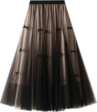 Dirholl Women's A-Line Fairy Elastic Waist Tulle Midi Skirt Bowknot Khaki