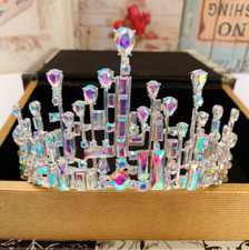 Luxurious Queen  Princess Head Crown Big AB Clear Crystal Rainbow Diadem Tiara