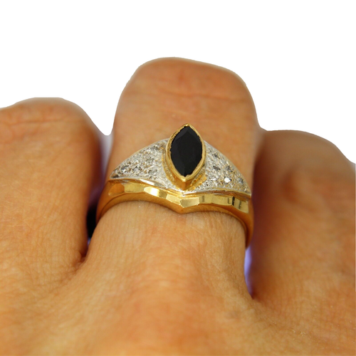Marquise Sapphire & 0.18ct Diamond Cluster 9ct Yellow Gold ring size P ~ 7 3/4 - Picture 8 of 9