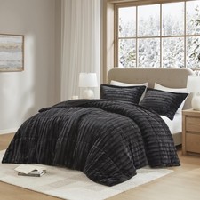 Faux Fur Reversible Comforter Set, Down Alternative Filling, Modern Quilted B...