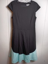 Calvin Klein Black Light Blue Color Block Cap Sleeve A-Line Dress 10 Trad Wife