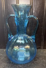 Vtg BEAUTIFUL Blown Glass Turquoise Blue Bud Vase Double Handles Swirl Ribs