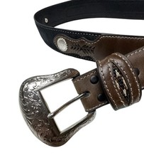 Vintage Western Leather Belt Tooled Brown Silver Buckle Cowboy Rodeo 38