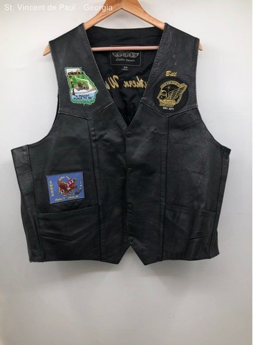 Men's Unik Black Vintage Gold Wings Leather Motorcycle Vest - Size 54 - Picture 1 of 9