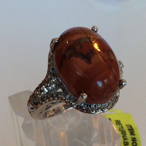 TGW 12.44 Ct. Oval Jasper, White Austrian Crystal Platinum Overlay Ring SZ 8 - Picture 3 of 10