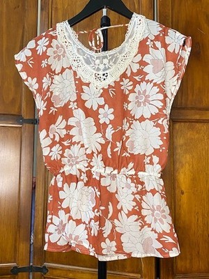 Love Republic Women's Floral Peplum Top Small Rust Orange Cream Lace Boho 