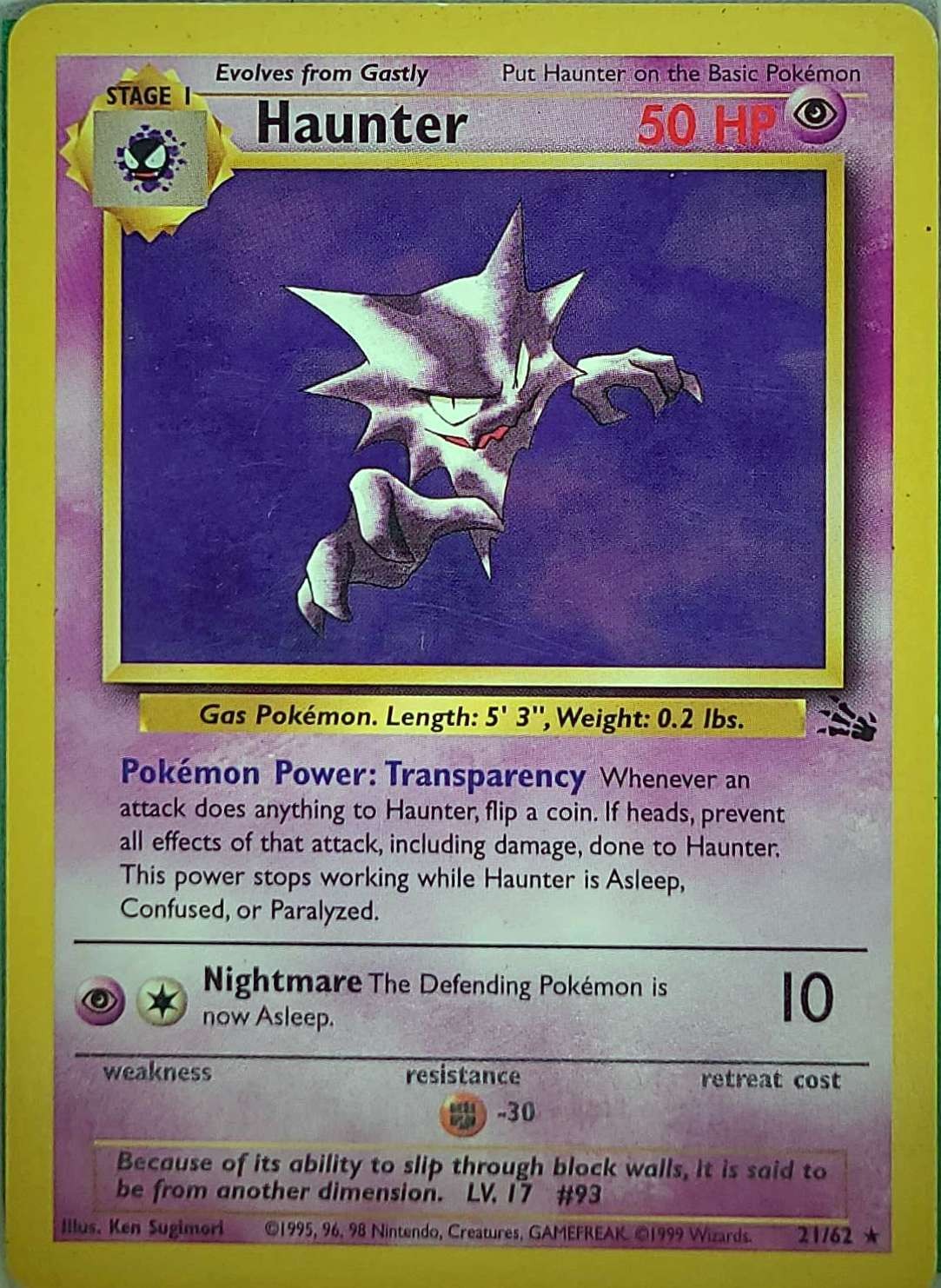 Haunter 21/62 Rare Fossil Pokemon Unlimited Moderately Played