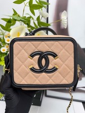 Chanel CC Vanity Mini Crossbody Bag Caviar Leather Beige Black Chain Strap