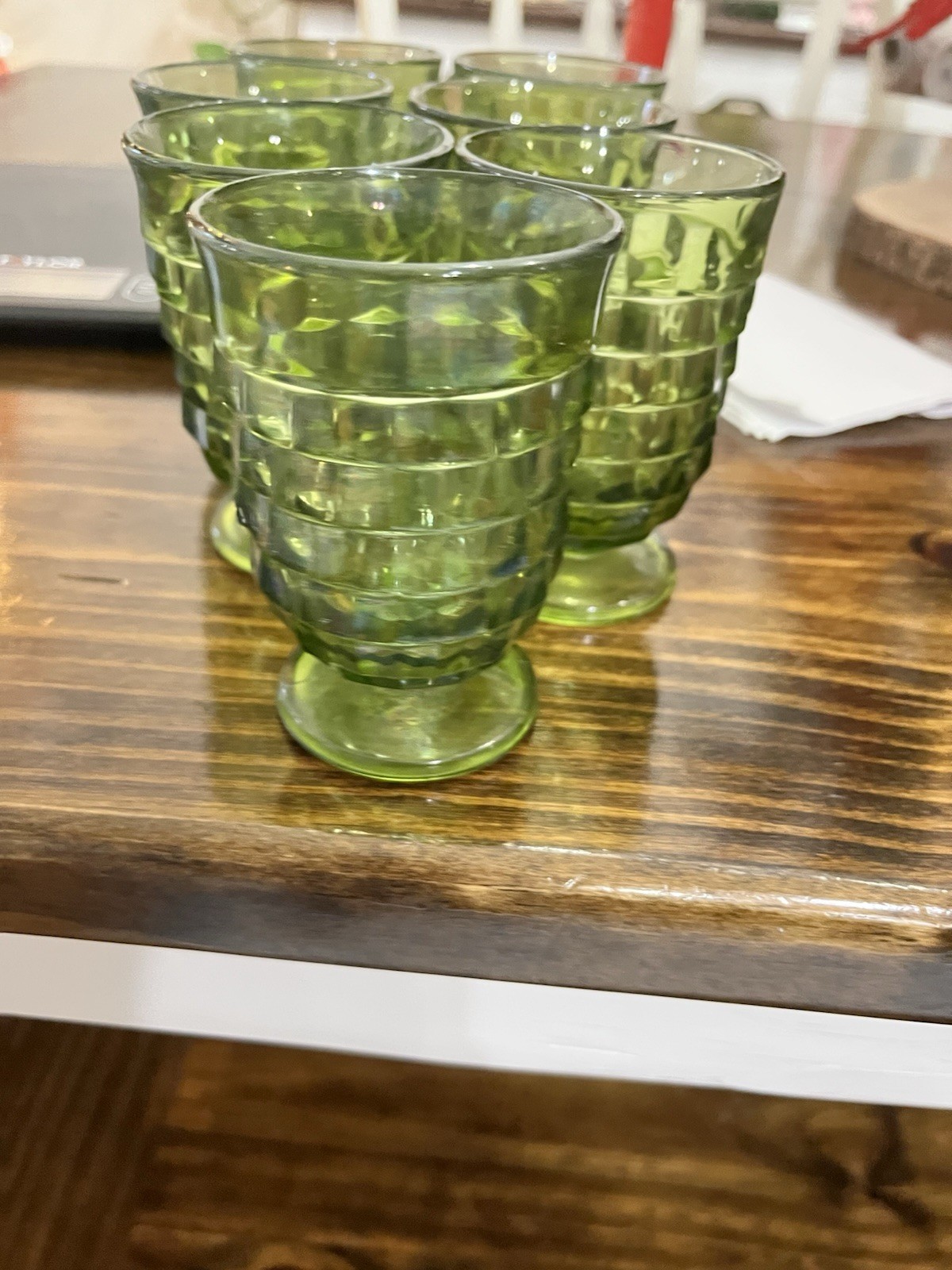 Indiana Glass Whitehall Cubist Green Avocado Footed Juice Glasses Set of 7