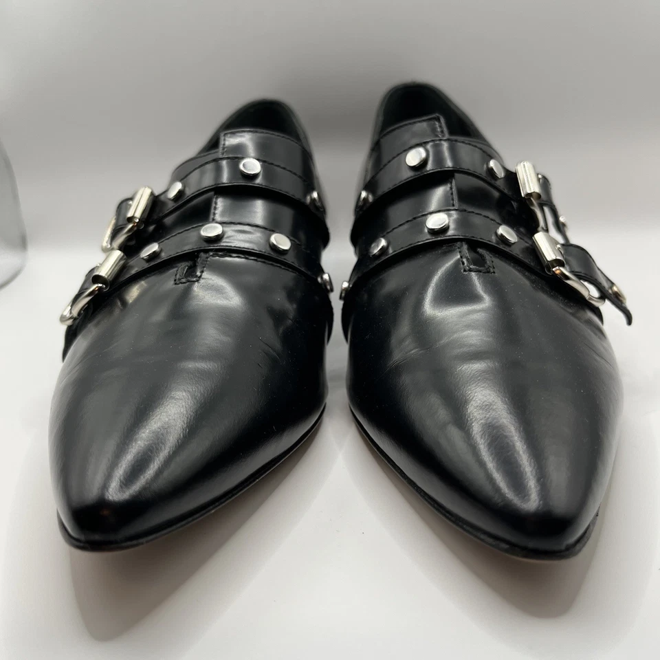 Nova fivela de couro preto Napoleoni prata feita na Itália 39 EUA 8,5 - Imagem 4 de 4