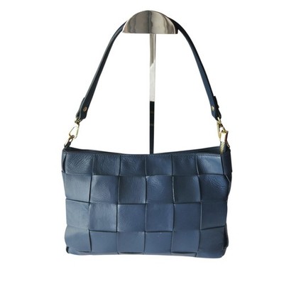 Anna Paola Navy Luxury Leather Brit Basket Weave Crossbody Bag  PURSE Dual Strap