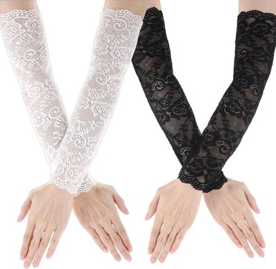 2 Paar Spitzenhandschuhe Schwarz, Armstulpen Damen Lang Fingerlose Weiß
