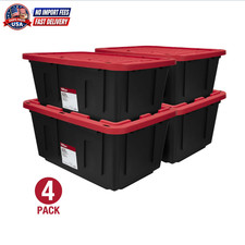 4 Pack Hyper Tough 27 Gallon Storage Bin Snap Lid Heavy Duty Tote Black/Red