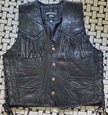 Navarre Leather Vest Biker Italian Stone Design - Black Fringe - Unsex XL