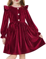  Toddler Girls Long Sleeve Velvet Dress Ruffled Crew Neck Midi A-Line 4-5T Red