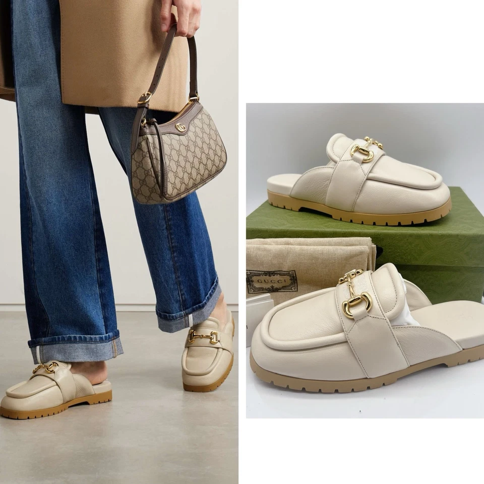 GUCCI Airel Cuero Mocasín Mordida de Caballo Mules Slide Marfil Blanco EU 39.5 US 9.5