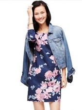 Old Navy 3/4 Sleeve Navy Floral Print Pop Over Shift Dress Women's Medium M EUC