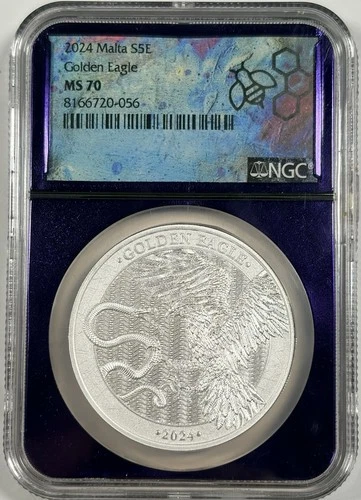 2024 Malta 5 Euros - 1 Oz Silver - Golden Eagle MS70 NGC Purple Core