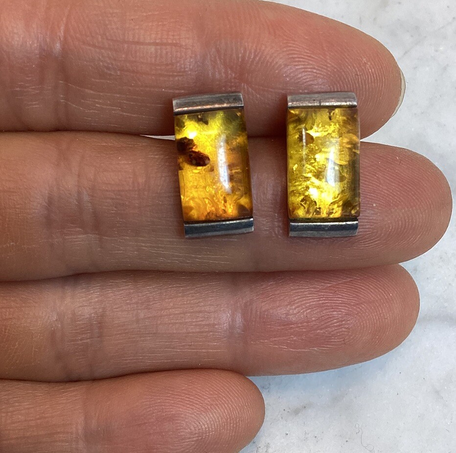 Vintage Sterling Silver Amber Rectangular Stud Ea… - image 1