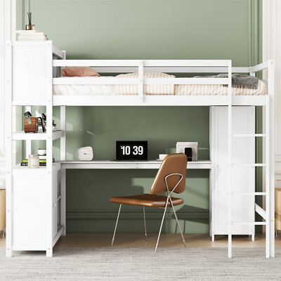 Full Size Loft Bed Wood Bed Frame with Desk & Wardrobe & Bookshelf & Cabinet