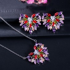 Silver Plated Cubic Zirconia Love Heart Multicolor Earrings Necklace Jewelry Set