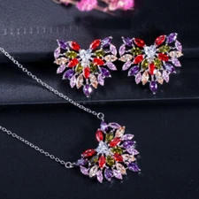Silver Plated Cubic Zirconia Love Heart Multicolor Earrings Necklace Jewelry Set