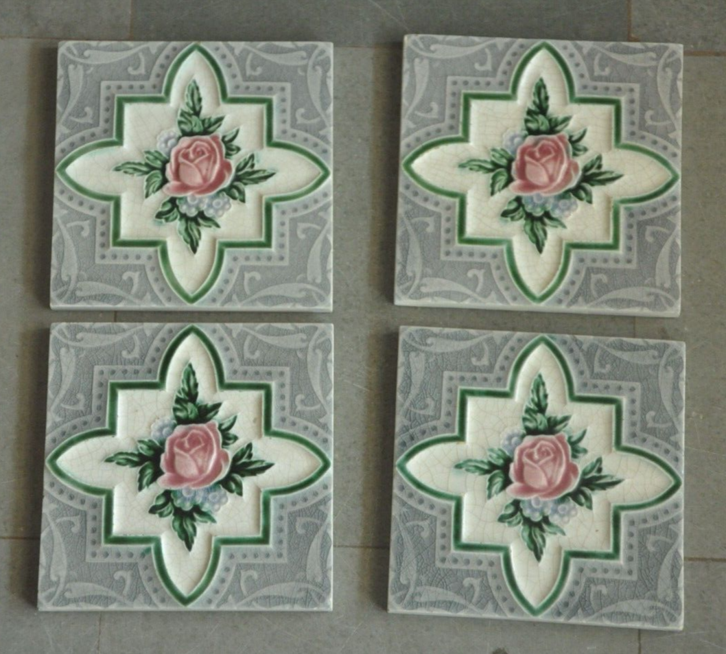 4 Pc Vintage Colorful Flower & Leaves Design Ceramic Tiles