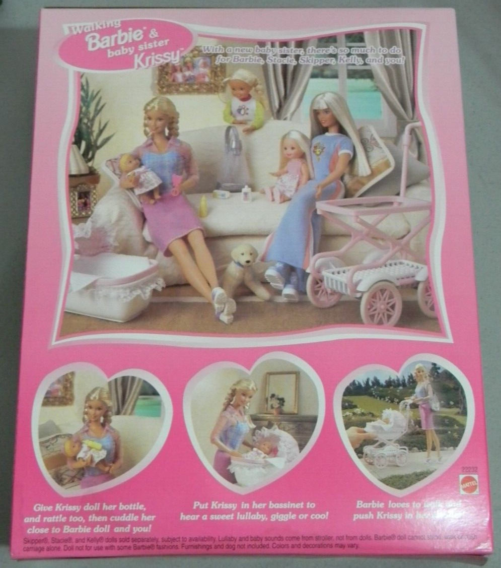 WALKING BARBIE & BABY SISTER KRISSY W/ STROLLER 1999 MATTEL #22232